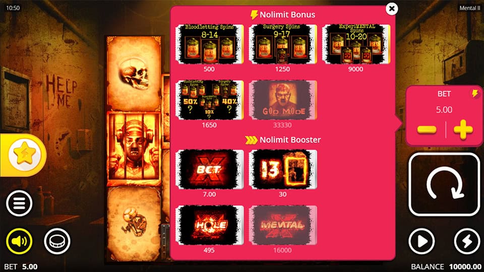 Mental 2 bonus buy menu displaying all options including Experimental Spins, God Mode, and xBet boosters.