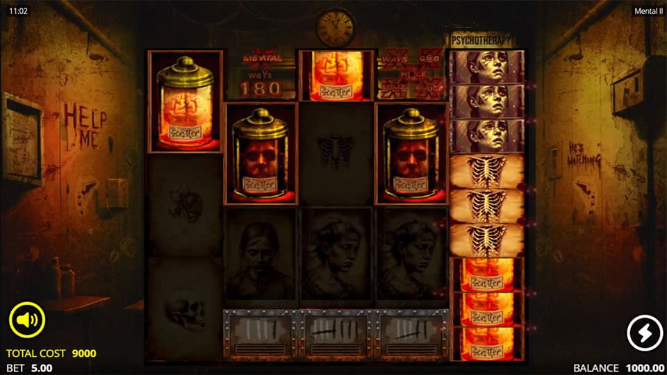 Mental 2 slot triggering Experimental Spins bonus with 5 scatter jars on screen.