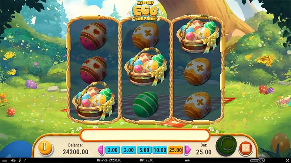 Three Egg Basket Scatter symbols appearing in Mystery Egg Surprise slot, triggering the Free Spins bonus round.