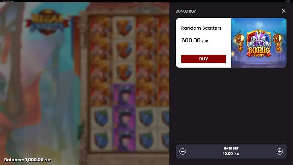 Regal Knights Bonus Buy popup with option to purchase Random Scatters feature.