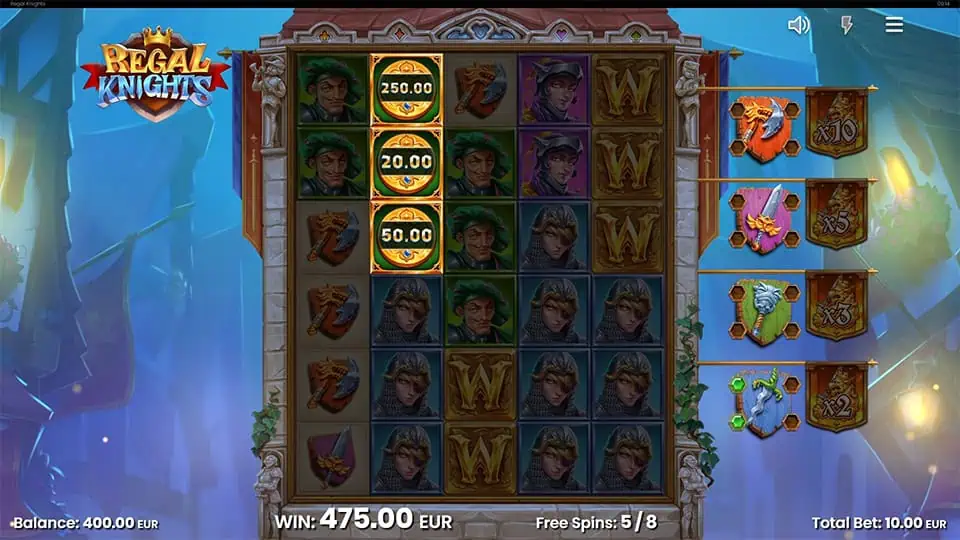 Golden coin prize symbols worth €250, €20, and €50 stacked on the reels during free spins.