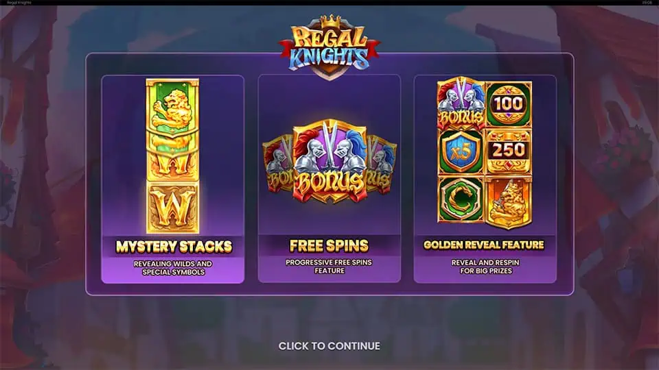 Intro screen of Regal Knights slot featuring Mystery Stacks, Free Spins, and Golden Reveal feature panels.