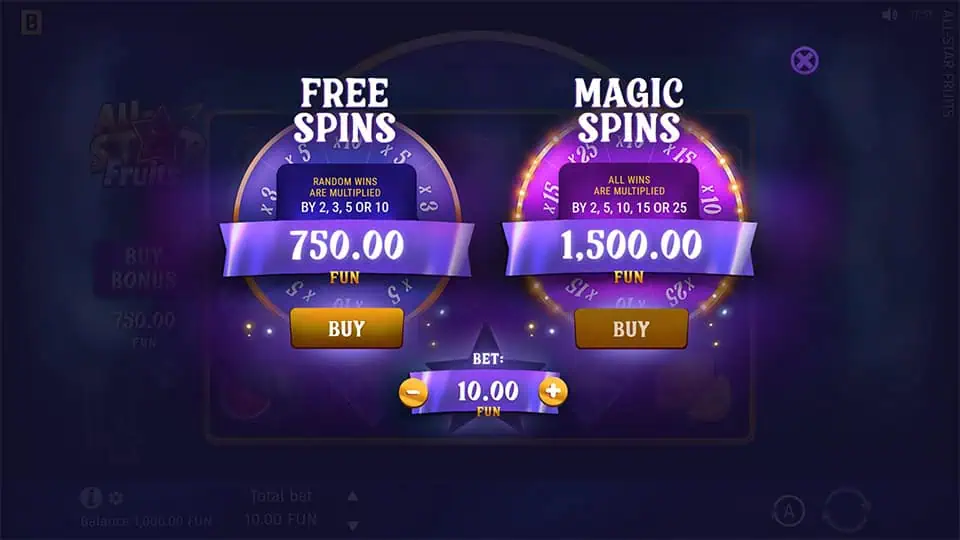 Buy Bonus feature in All-Star Fruits slot offering Free Spins for x75 and Magic Spins for x150 the bet.