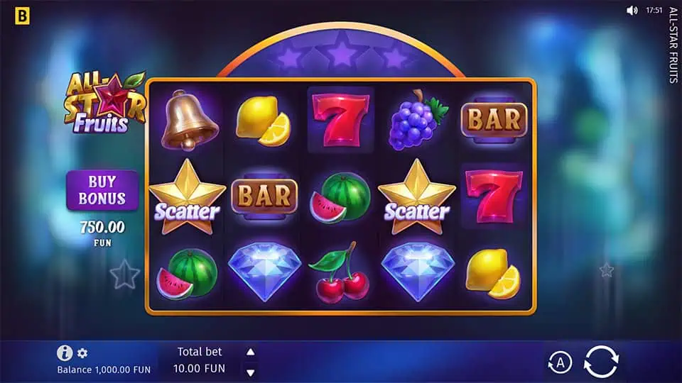 Preview of All-Star Fruits slot showing the reels and colorful fruit-themed symbols in action.