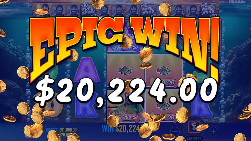 Big Bass Bonanza 1000 slot Epic Win screen showing $20,224 win and coins flying