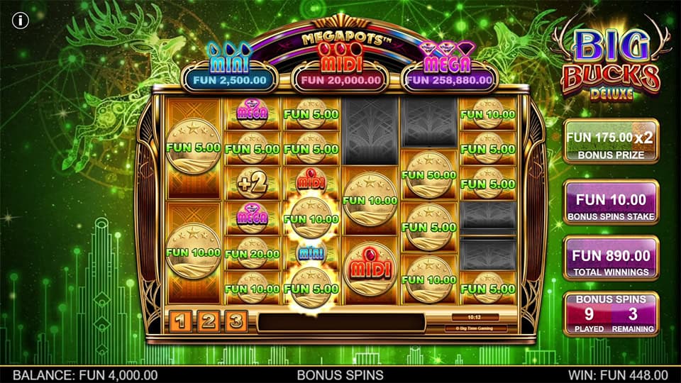 Bonus game with locked golden coins and jackpot prizes labeled Mini, Midi, and Mega.