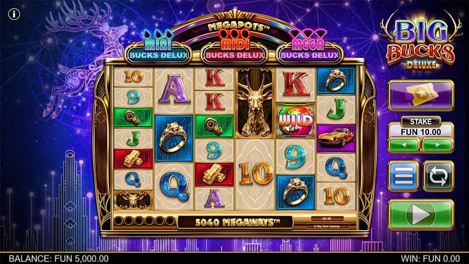 Base game of Big Bucks Deluxe with rings, cars, and golden reindeer symbols across Megaways reels.