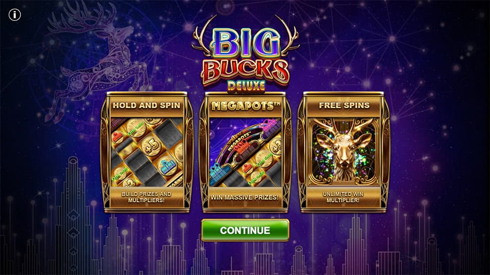 Intro screen for Big Bucks Deluxe explaining Hold and Spin, Free Spins, and Megapots features.