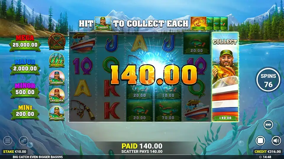 Win screen in Big Catch Even Bigger Bass slot displaying a €140 payout.