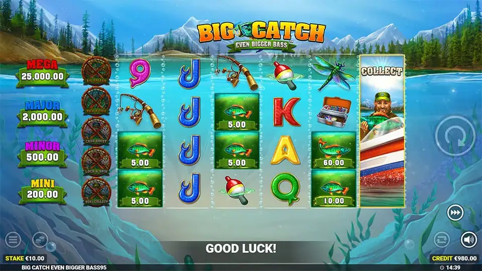 Collect Symbol appearing on reel 6 in Big Catch Even Bigger Bass slot, gathering prize values.