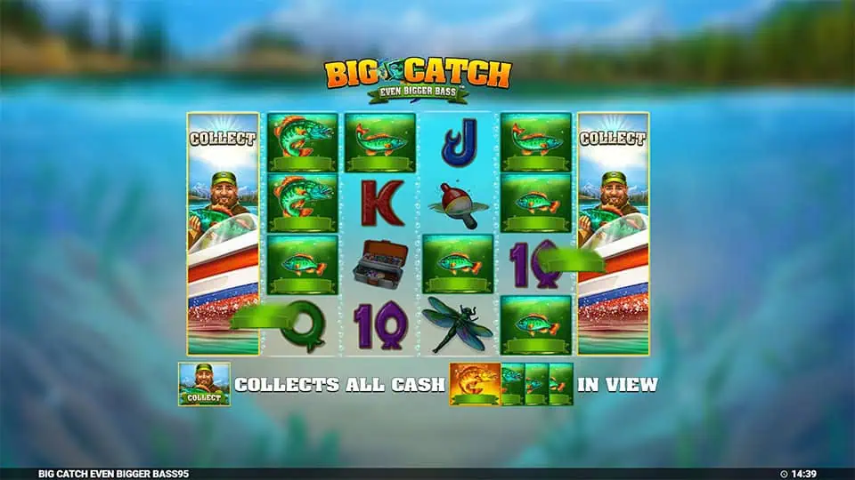 Homepage of Big Catch Even Bigger Bass slot introducing game features and bonus mechanics.