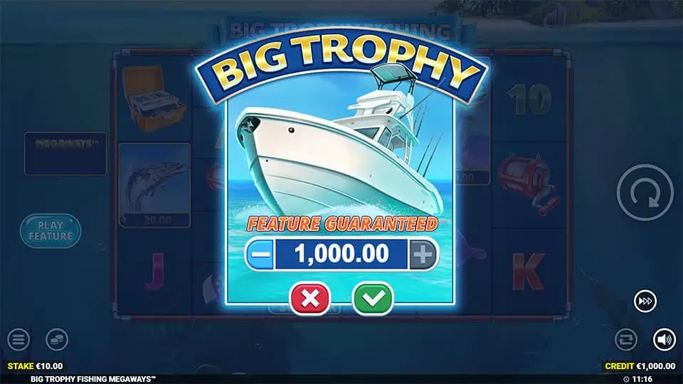 Bonus Buy feature in Big Trophy Fishing Megaways slot allowing players to purchase Free Spins for x100 the bet.