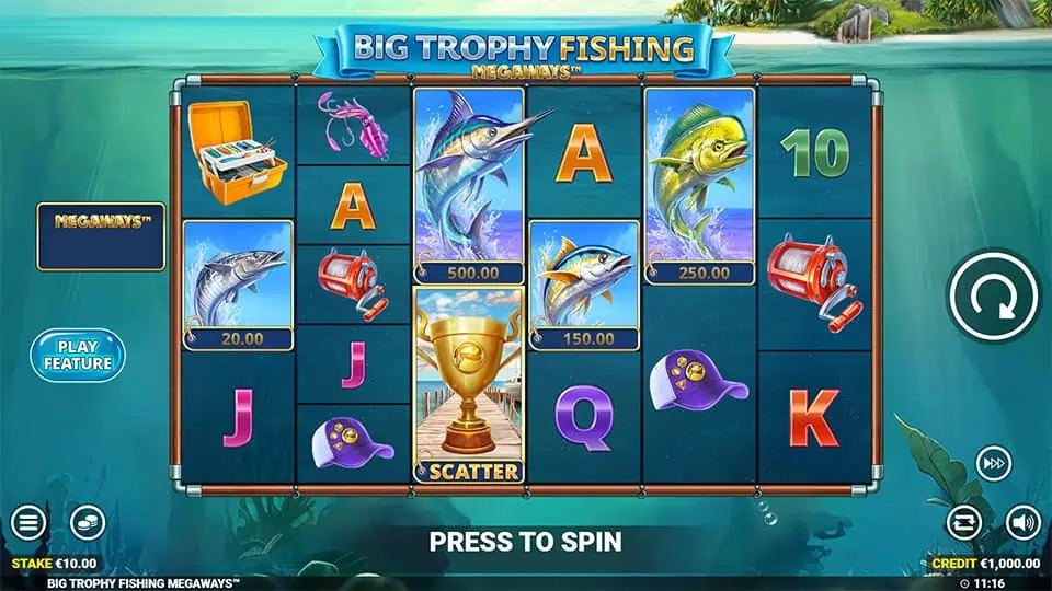 Preview of Big Trophy Fishing Megaways slot showing its Megaways reels and fishing symbols.