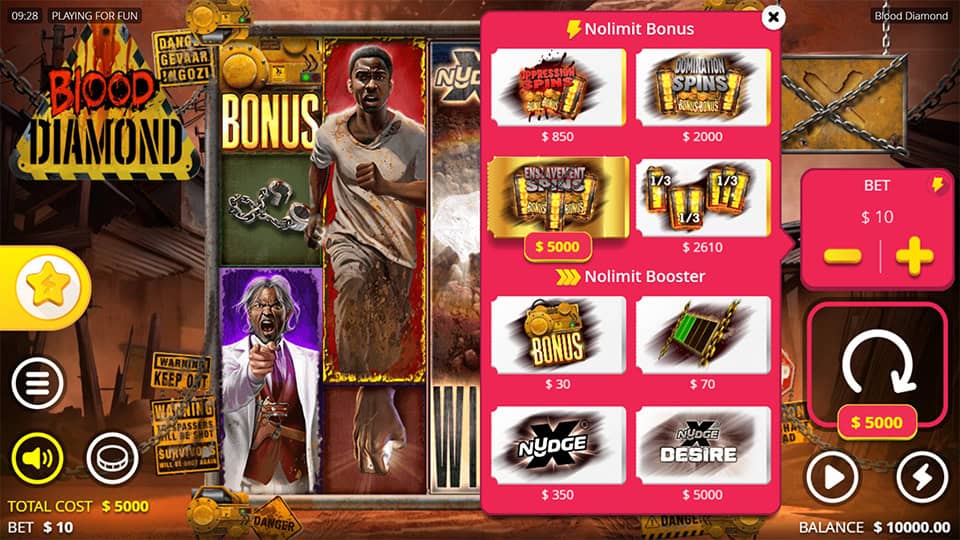 Blood Diamond slot bonus buy menu offering access to different features including Enslavement Spins, xNudge, and Nolimit Boosters.