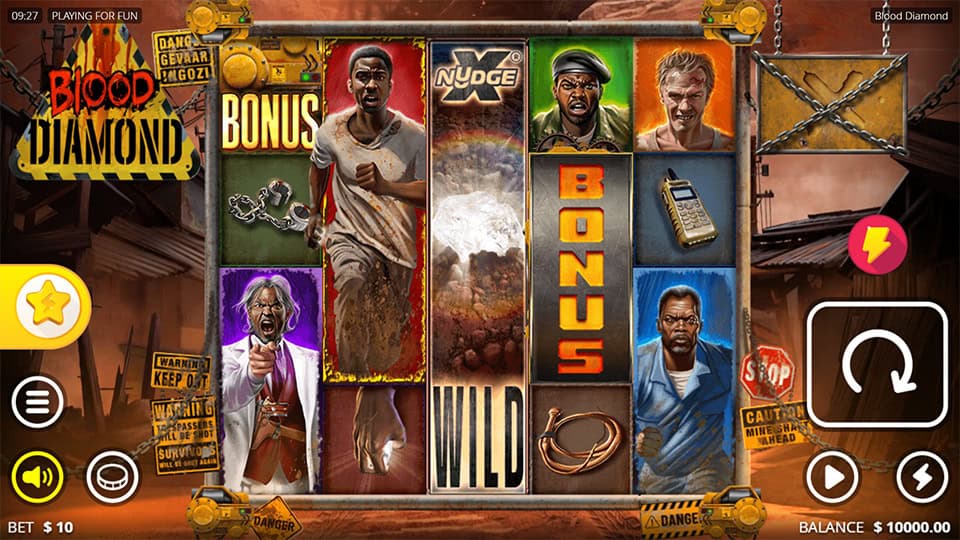 Blood Diamond base game screen with character symbols, xNudge wild in the center, and two visible BONUS symbols.