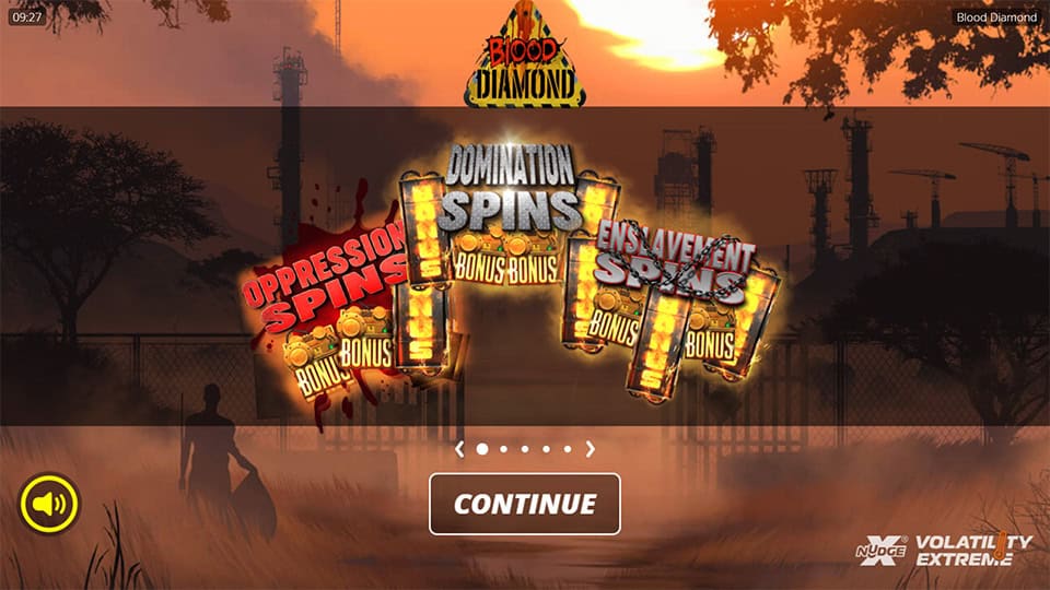 Blood Diamond main screen showing bonus types, game volatility info, and the Continue button before entering gameplay.