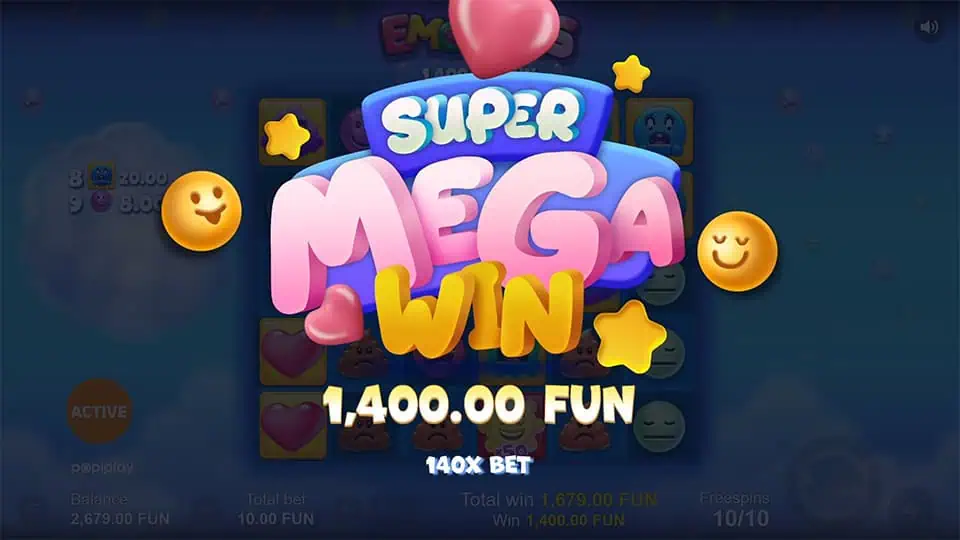 Super Mega Win screen in Emotions slot displaying a €1,400 payout.