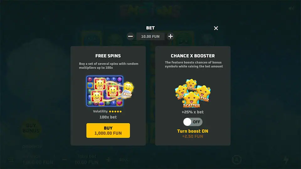 Buy feature in Emotions slot offering Free Spins and Chance X Booster options.