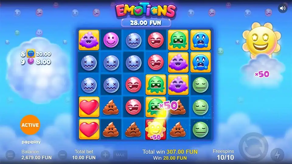 Four Star Scatter symbols appearing in Emotions slot, triggering the Free Spins mode.