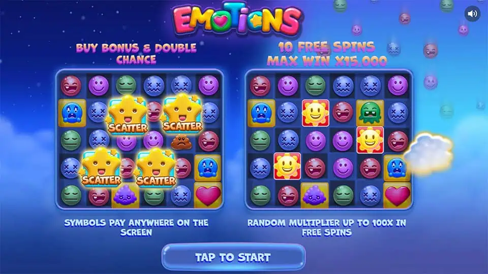 Homepage of Emotions slot introducing game features and bonus mechanics.