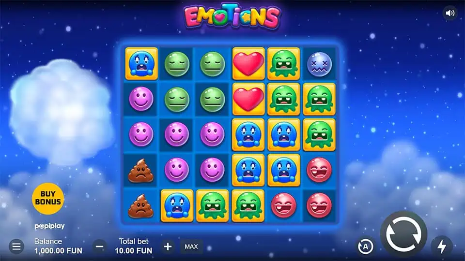 Preview of Emotions slot showing the reels and colorful emotion-themed symbols.