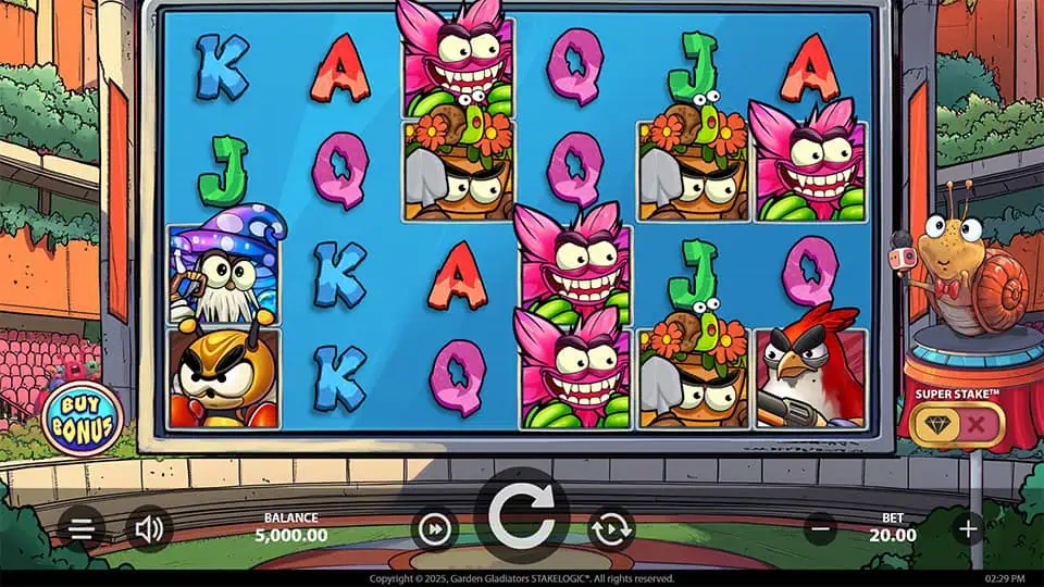 Preview of Garden Gladiators slot showing the reels and combat-themed symbols in action.