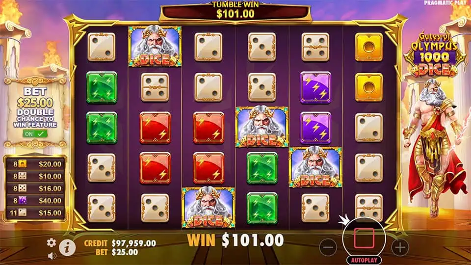 Four scatter symbols appearing in Gates of Olympus 1000 Dice slot, triggering the Free Spins mode.