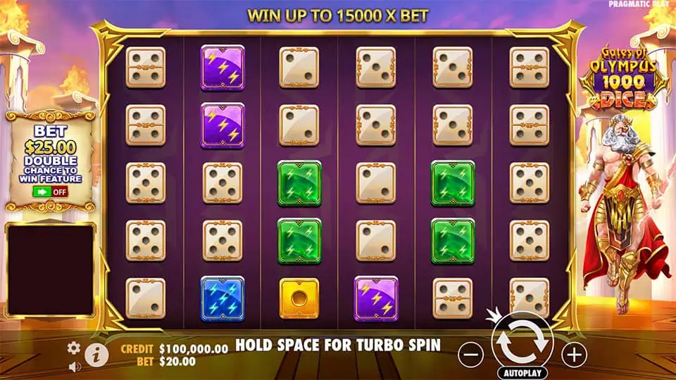 Preview of Gates of Olympus 1000 Dice slot showing the reels and dice-themed symbols.