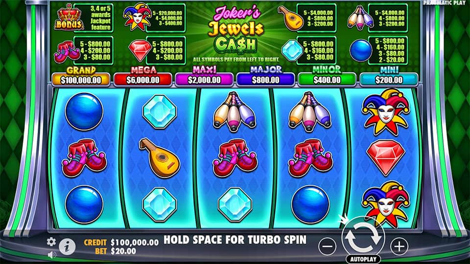 Screenshot of the Joker's Jewels Cash slot showing reels, symbols, and jackpot values.