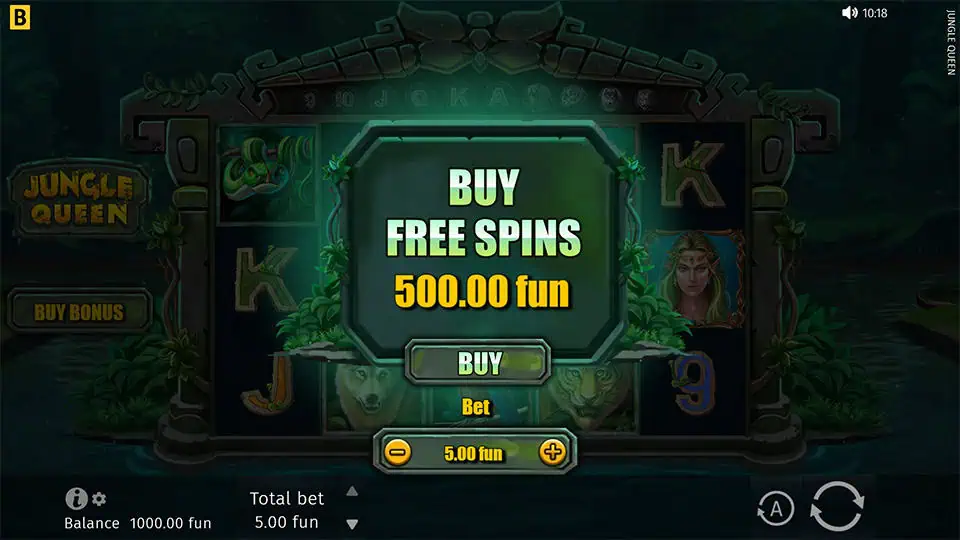 Buy Free Spins feature in Jungle Queen slot allowing direct entry into the Free Spins Bonus for x100 the bet.