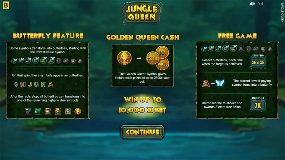 Homepage of Jungle Queen slot introducing game features and bonus mechanics.