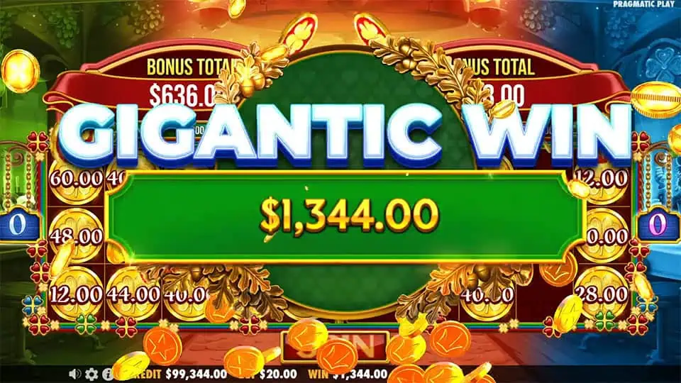 Gigantic Win screen in Lucky's Wild Pub slot displaying a €1,344 payout.