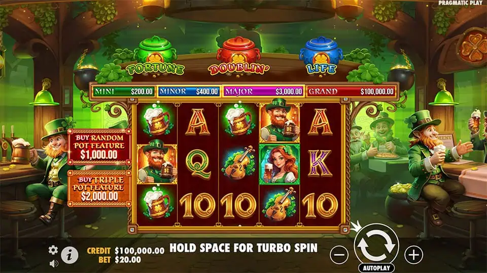 Preview of Lucky's Wild Pub slot showing the reels and Irish-themed symbols in action.