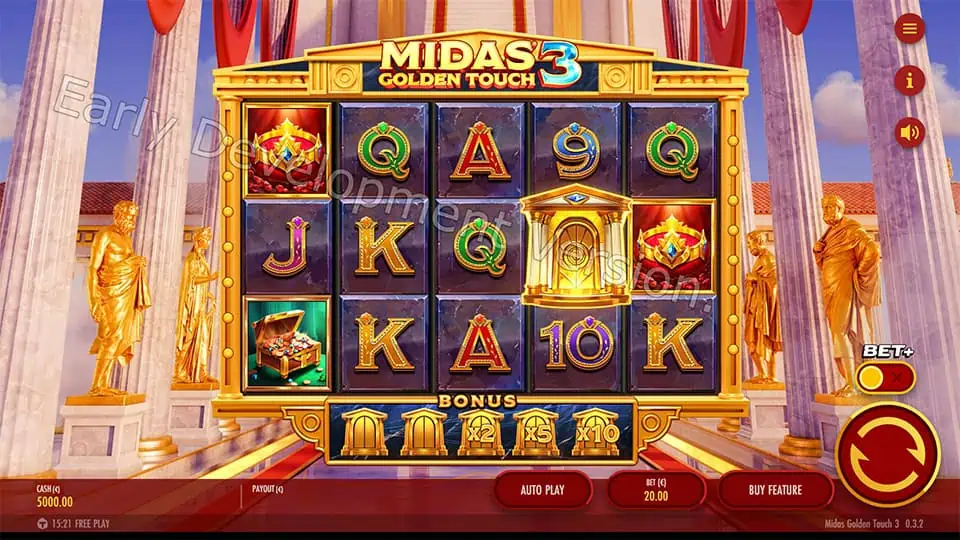 Preview of Midas Golden Touch 3 slot showing the reels and golden-themed symbols in action.