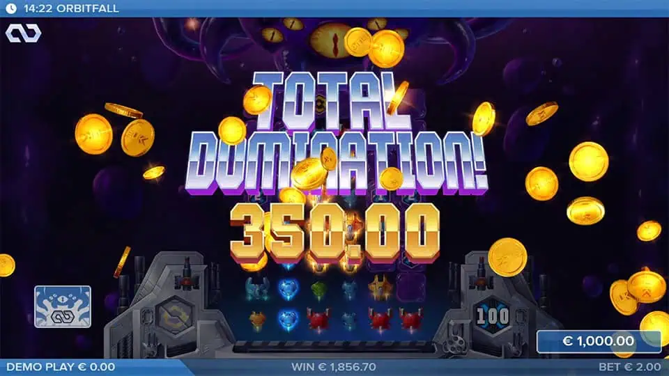 Total Domination Win screen in Orbitfall slot displaying a €350 payout.