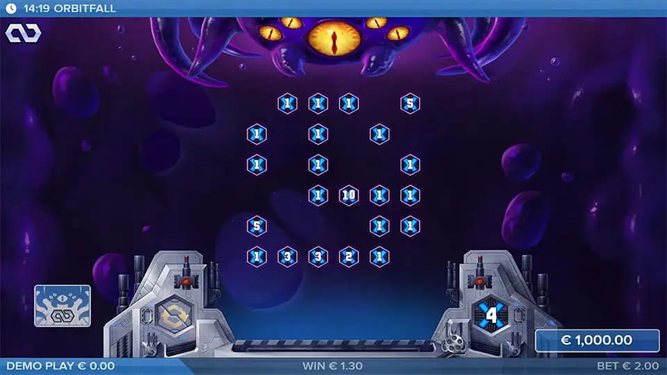 Empty screen in Orbitfall slot signaling the activation of the Free Drops Bonus.