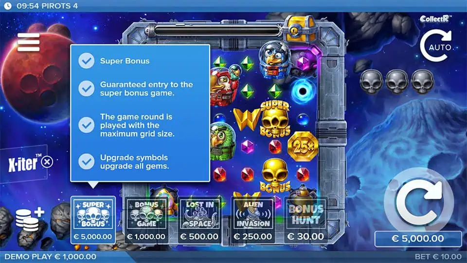 X-iter menu displaying Super Bonus, Alien Invasion, Lost in Space, and Bonus Hunt options.