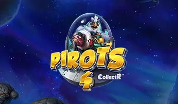 Pirots 4 slot logo with space background and parrot astronauts inside a glass dome.