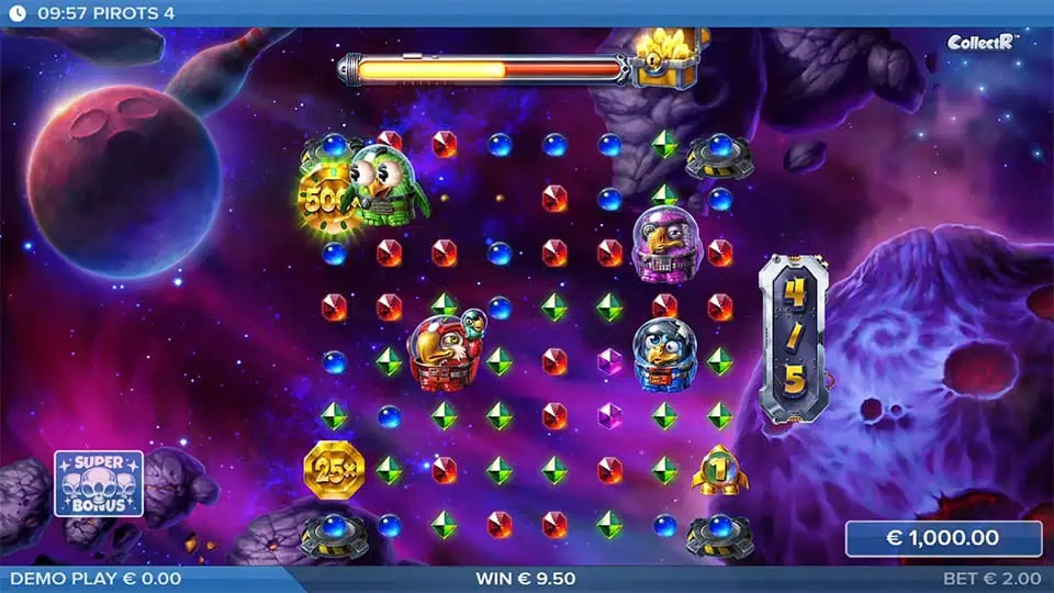 Highlighted grid with x500 golden coin, 25x symbol, and colorful gems in outer space.