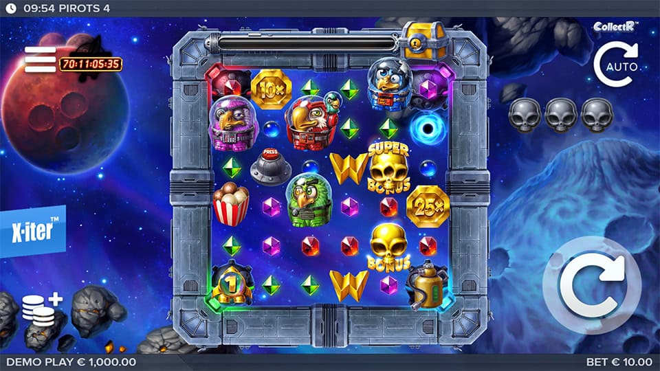 Game grid featuring gem symbols, skull bonus icons, and bird astronauts inside a spaceship-themed layout.