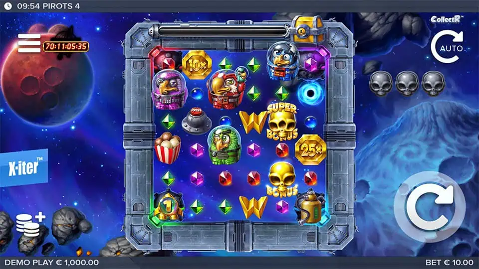 Game grid featuring gem symbols, skull bonus icons, and bird astronauts inside a spaceship-themed layout.