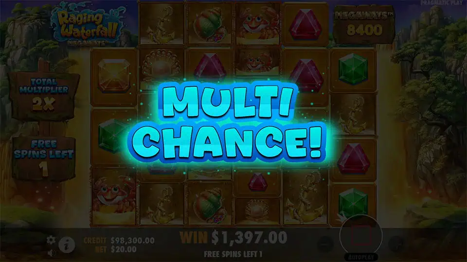 Multichance feature appearing in Raging Waterfall Megaways slot, increasing win opportunities.