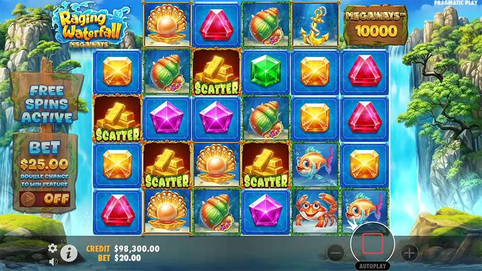 Four Star Scatter symbols appearing in Raging Waterfall Megaways slot, triggering the Free Spins bonus round.