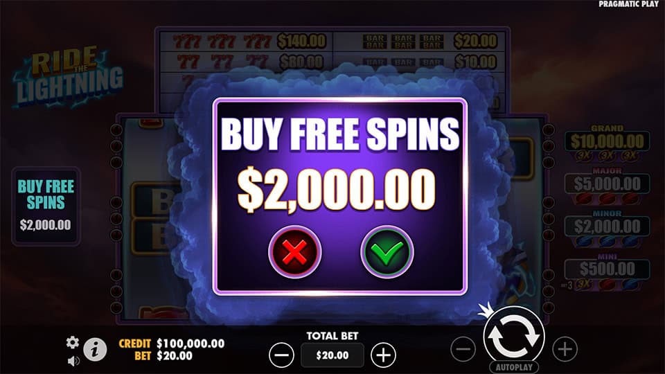 Ride the Lightning slot offering a bonus buy option, allowing players to purchase free spins for x100 their bet.