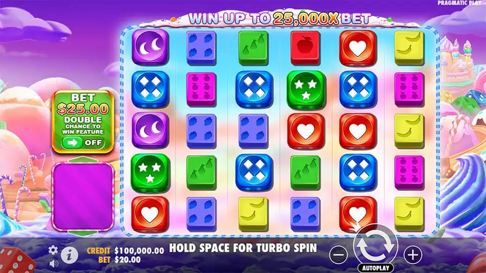 Preview of Sweet Bonanza 1000 Dice slot showing the game’s 6x5 grid and dice symbols.