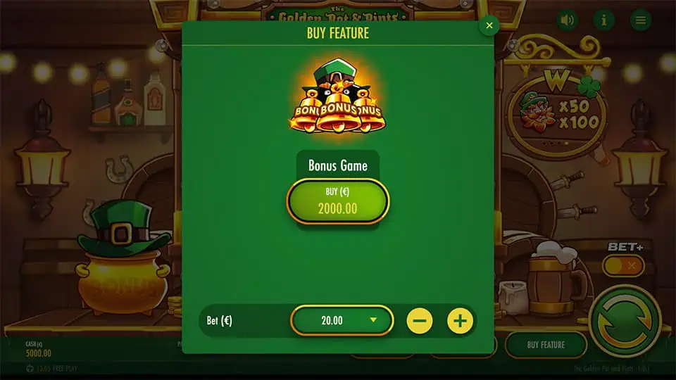 Buy Free Spins feature in The Golden Pot & Pints slot, available for x100 the bet.