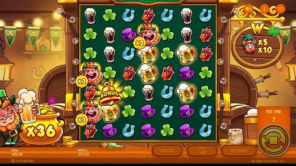 Wild multiplier symbols with x2, x2, and x3 values appearing on screen in The Golden Pot & Pints slot.