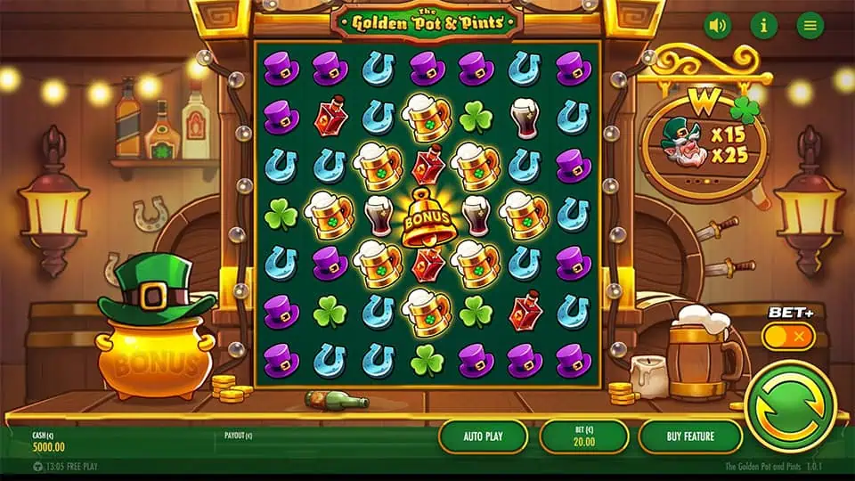 Preview of The Golden Pot & Pints slot showing the reels and Irish-themed symbols in action.