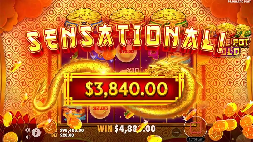 Sensational win screen in Triple Pot Gold slot displaying a €3,840 payout.