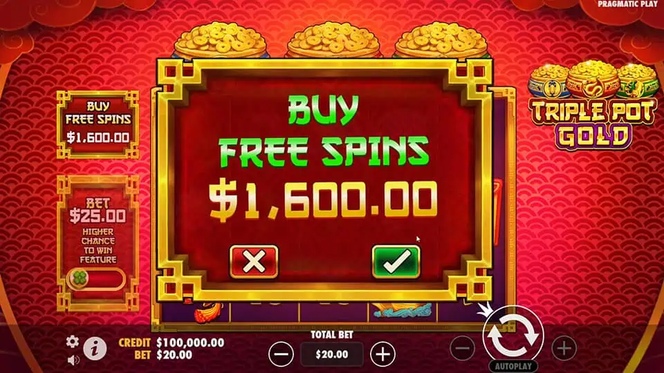 Buy Free Spins feature in Triple Pot Gold slot, available for x80 the bet.